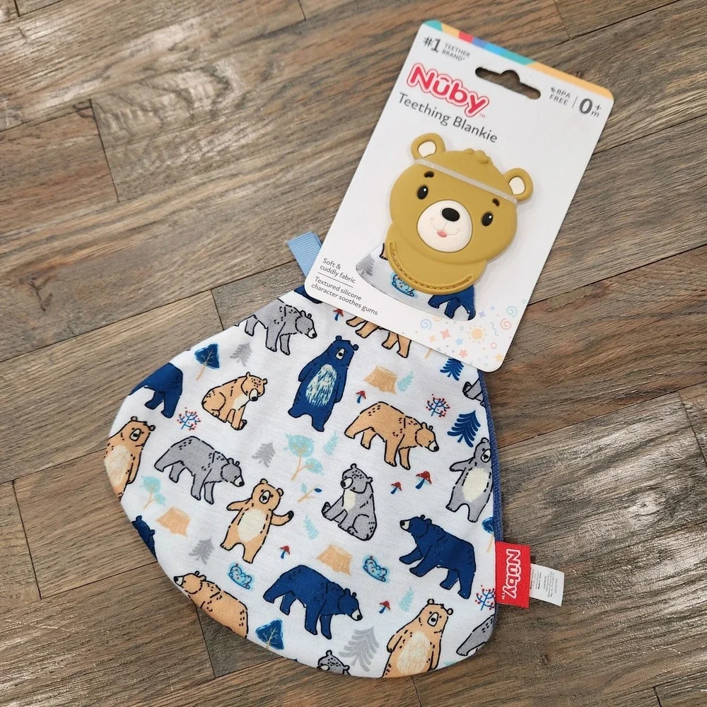 Nuby Teething Blankie Silicone Teddy Bear Woodland Lovey Security Blue Blanket‎
